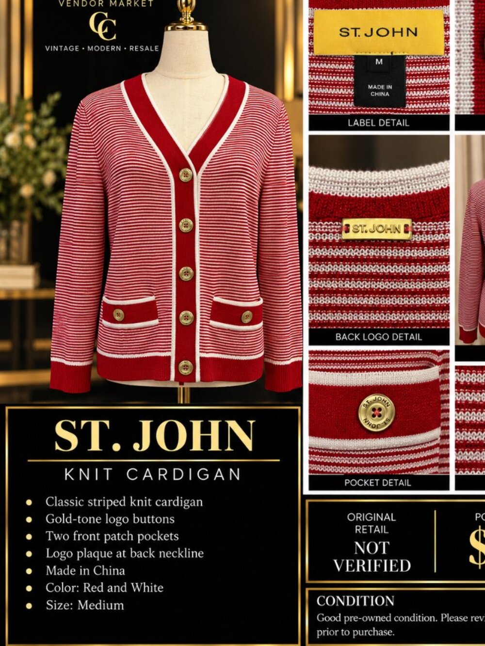 St. John Red White Striped Knit Cardigan Gold Logo Buttons Size M